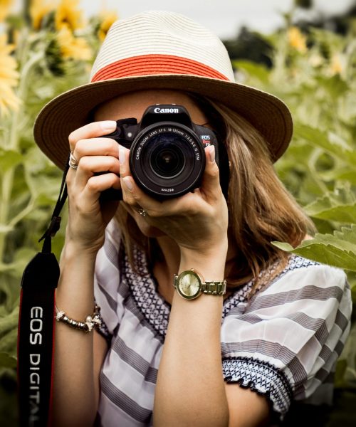 Woman with hat photographing sunflowers in a summer field using a Canon camera.